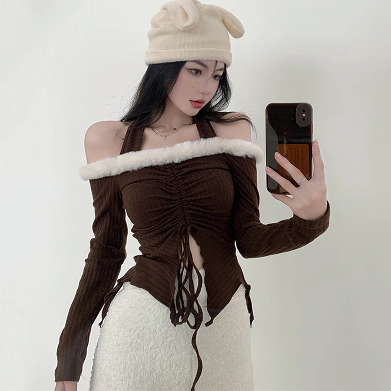 

Винтажный пикантный свитер с открытыми плечами, Женский пушистый меховой вязаный свитер с длинным рукавом и лямкой на шее, Клубные топы, жен...