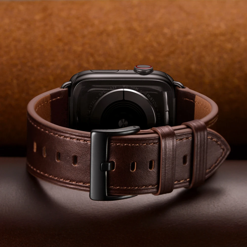 

Genuine Leather Band Replacement Strap for Apple Watch Series 6/5/4/3/2/1/SE 44mm 42mm,Dark Brown Band with Black Adapter