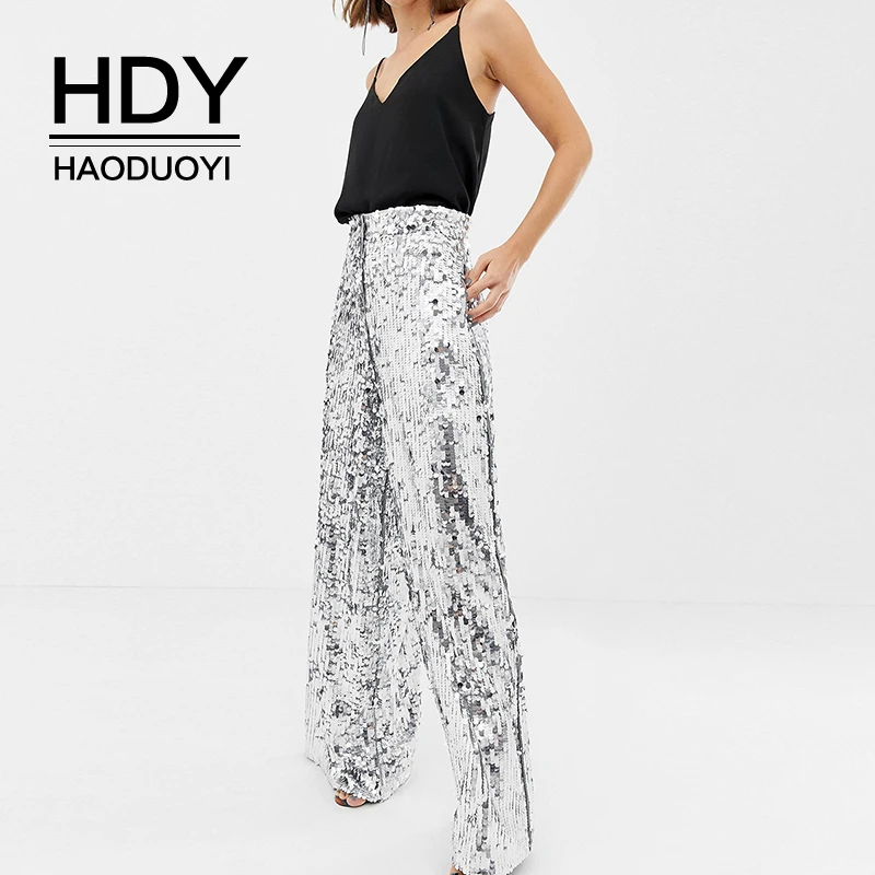 HDY Haoduoyi 2019 широкие штаны с блестками женские блестящие Серебристые брюки высокой