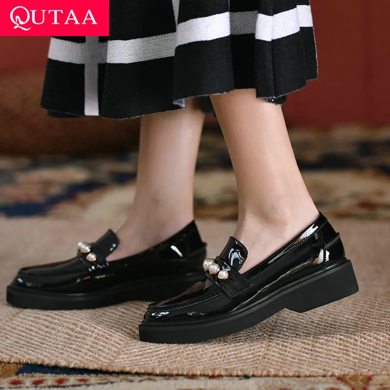 

QUTAA 2021 Platform Round Toe Slip On Women Pumps Spring Slip On Genuine Leather Square Heel Casual Basic Shoes Size 34-43