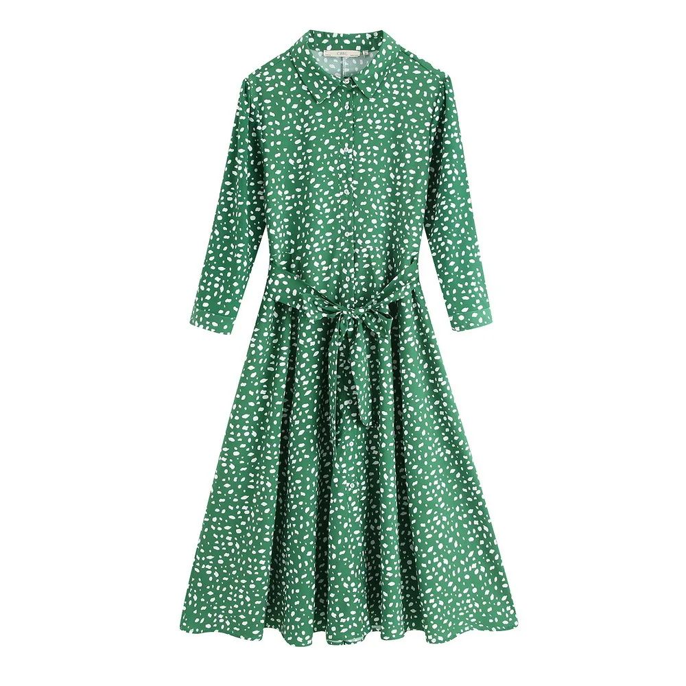 01 Trendy ZA Green White Dot Print Long Dress Women Boho Turn-Down Collor Belt Split Hem Design Charm Elegant Autumn Style Dress - Цвет: 01