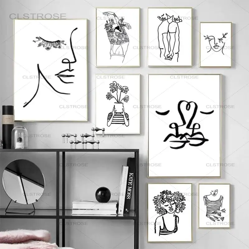

Line Draw Wall Art Canvas Painting Flower Girl Abstract Painting Nordic Posters and Prints Wall Pictures for Living Room Decor