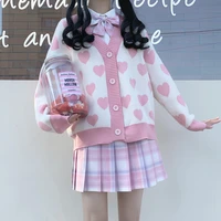 women autumn 2021 kawaii v neck knitted sweater korea love print pink cardigan coat girl cute winter loose casual streetwear top