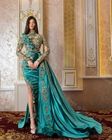 luxury green mermaid evening dresses beads prom gowns with detachable train long sleeves shiny crystals event robe de soiree