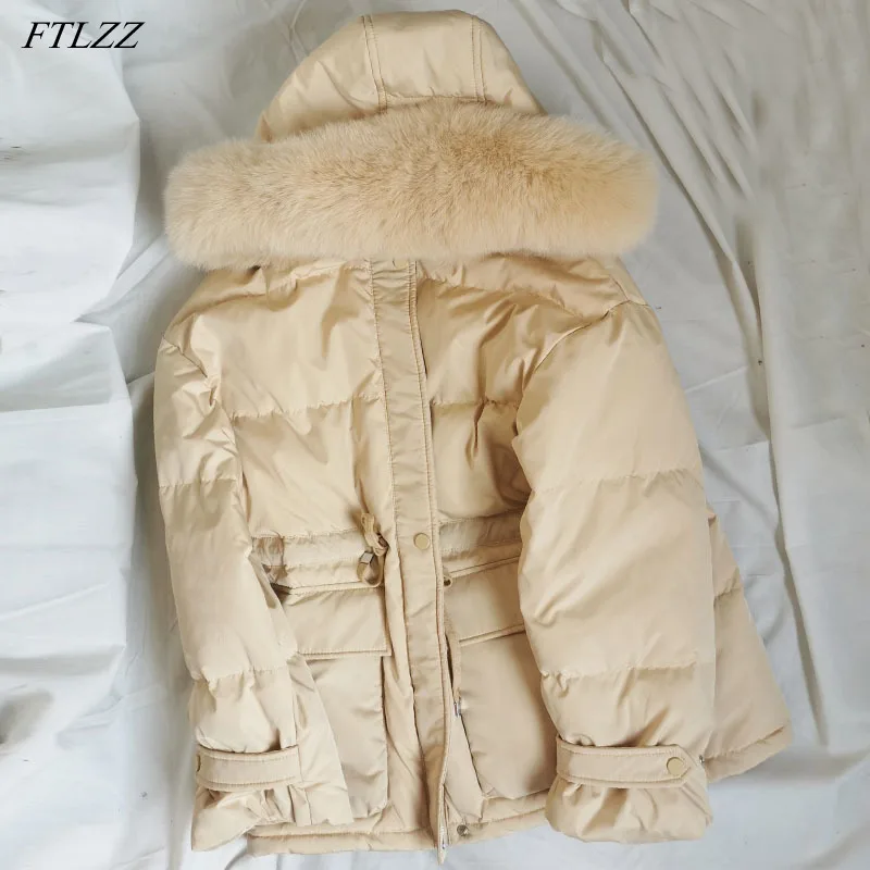 

Куртка FTLZZ женская зимняя, с натуральным лисьим мехом, с капюшоном, утепленная, с выдвижной талией, 90% Пух белой утки, теплая