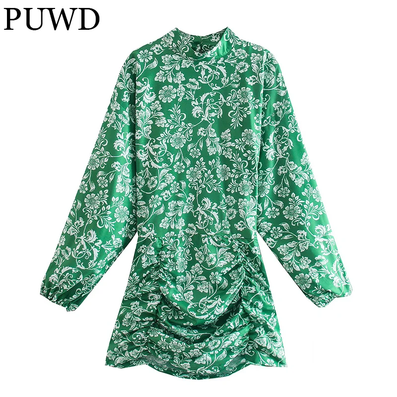 

PUWD Vintage Women O Neck Green Jacquard Mini Dress 2021 Autumn Fashion Ladies Long Sleeve Dresses Casual Female Chic Dress