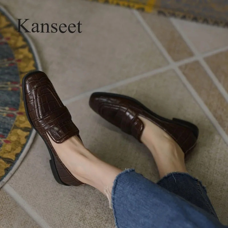 

Туфли Kanseet женские с квадратным носком, винтажные, натуральная кожа, квадратный каблук, офисная обувь, коричневые лоферы, 40 размеров, осень