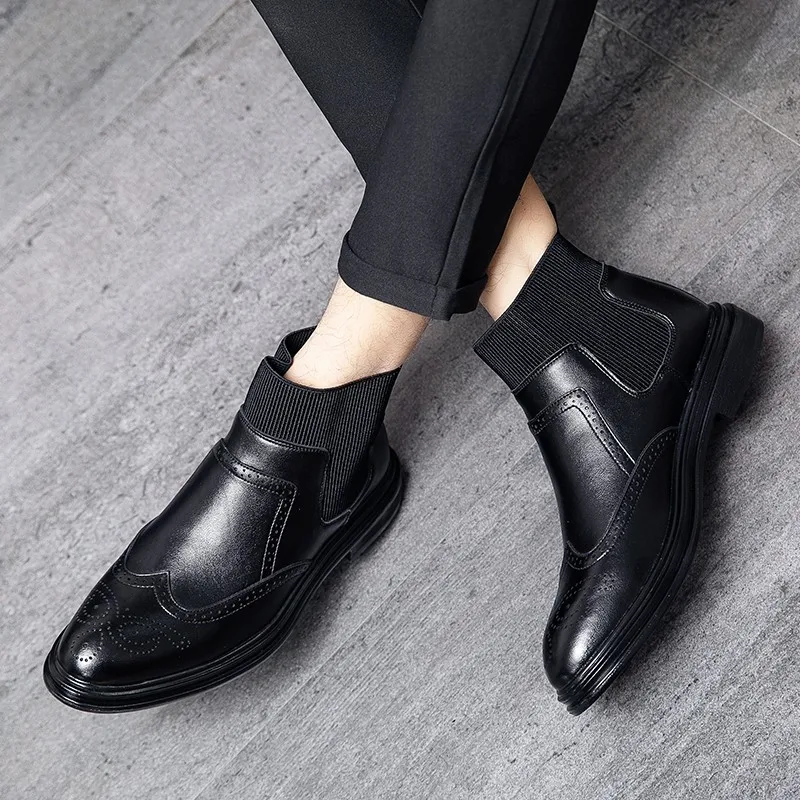 

New Men's Leather British Knitted Stitching Men's Chelsea Boots Spring And Autumn Men's Fashion Business Boots Brock Men's Boots