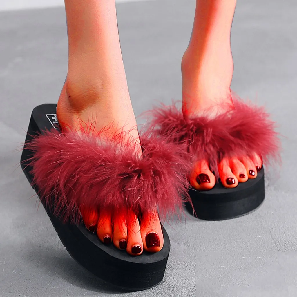 

Women Slippers Summer Ostrich Flip Flops Ladies Casual Shoes 2020 Wedges High Heels Female Beach Slipper Non-slip Slides