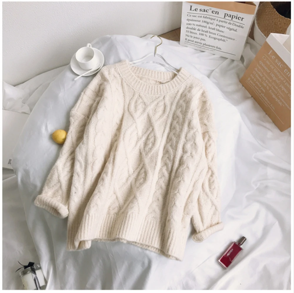 Женский толстый свитер оверсайз с круглым вырезом свободные вязаные Джемперы