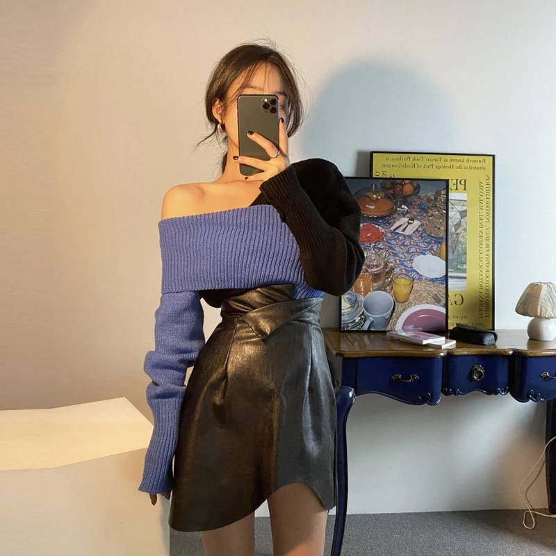 

Мягкий соленый женский свитер в Корейском стиле с открытыми плечами и воротником-хомутом