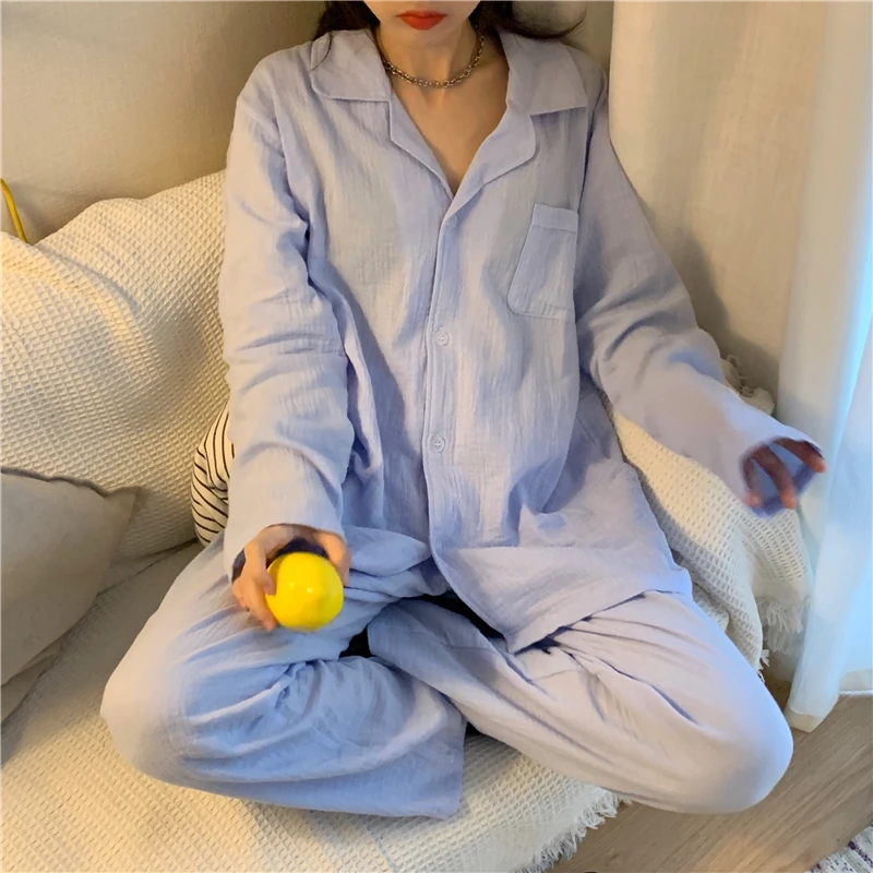 

newn solid women pure contton pajamas set couple sleepwear long sleeve loosecasual pyjamas pjs home set homewear clothes