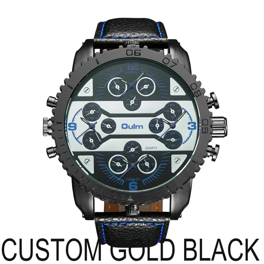 CUSTOM GOLD BLACK OULM спортивные кварцевые часы мужские большой чехол военные мужские s часы лучший бренд класса люкс кожаный ремешок 4 часовых пояса модные повседневные наручные часы - Цвет: CUSTOM GOLD BLACK