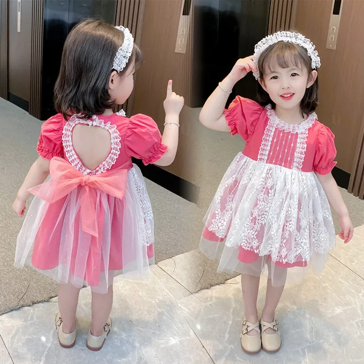 

Summer New Fashion Short Sleeve Mesh Patchwork Cute Cat Dresses Girls Ball Gown Baby Kids Princess Clothes