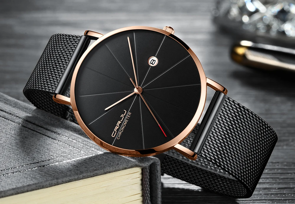 Часы CRRJU мужские с сетчатым браслетом простые дизайнерские ультратонкие