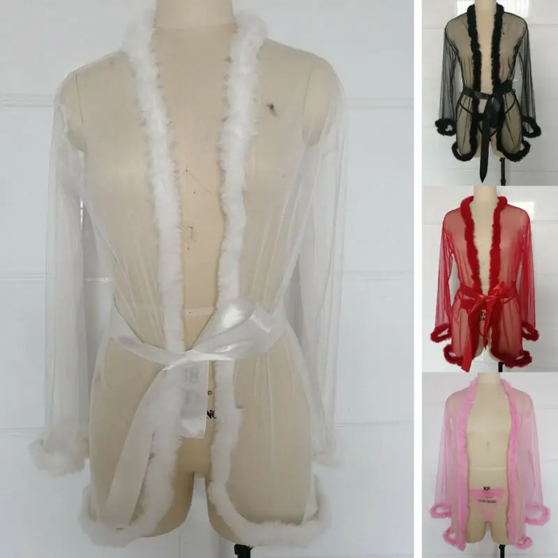 3pcs Women Sexy Lingerie Babydoll Long Sleeve Feather Robes and G-String Sets with Belt Ladies Underwear Nightwear Exotic | Тематическая