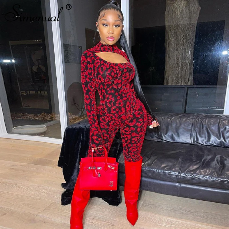 

Simenual Leopard Hollow Out Rompers Womens Jumpsuit Skinny Long Sleeve Fashion Spring 2021 Bodycon One Piece Birthday Outfits