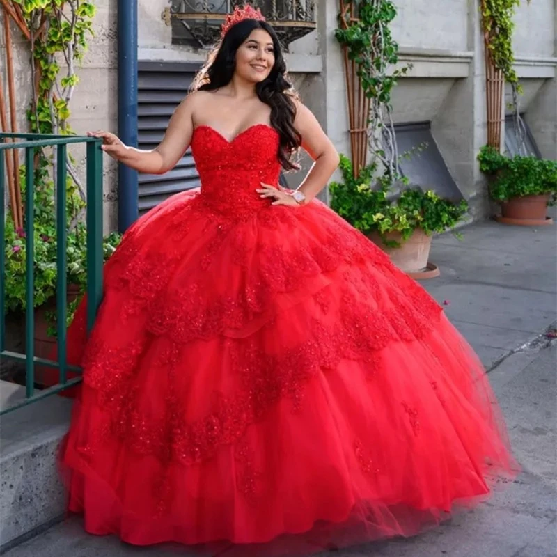 

Red Sweetheart Quinceanera Dresses 2021 Sleeveless Lace Appliques Sequined Princess Pageant Party Sweet 16 Ball Gown Backless