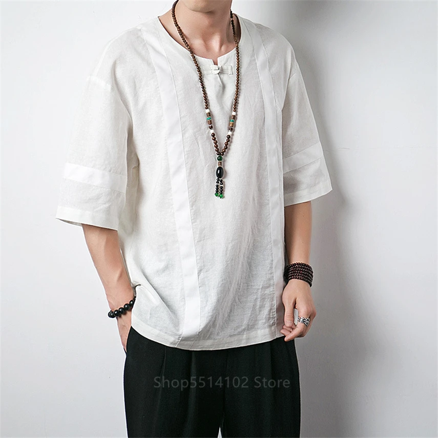 Китайский топ винтажная рубашка из хлопка и льна с коротким рукавом женская
