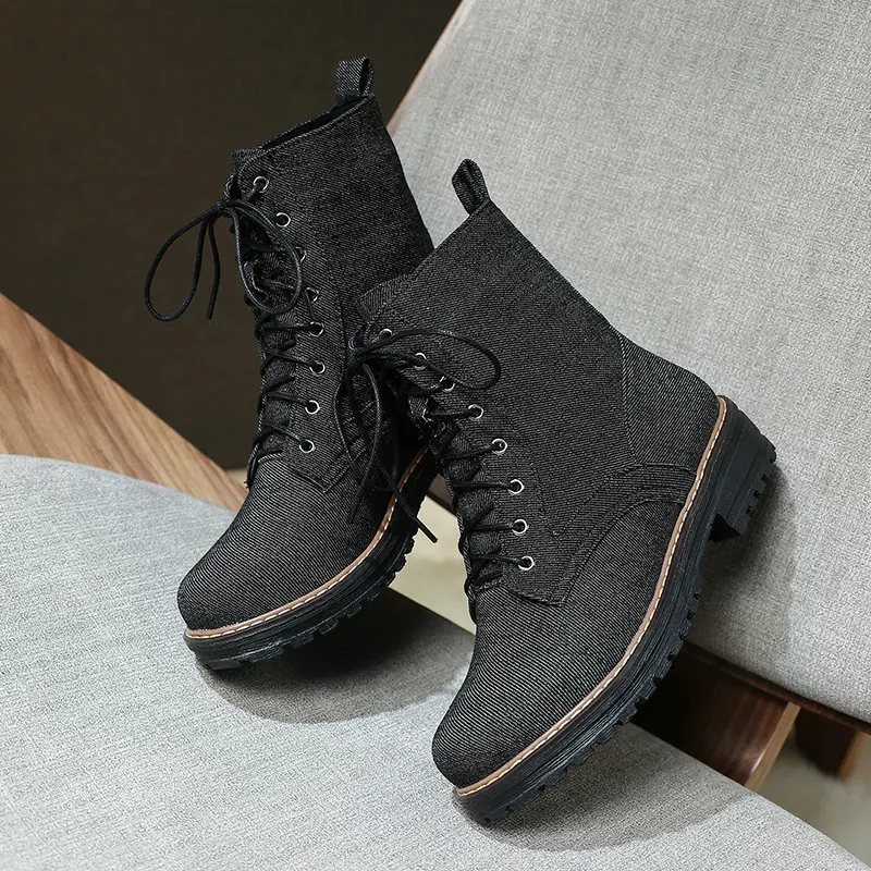 

2021 New Autumn Winter Round Toe Ankle Boots Cross-tied Square Heel Women Shoes Fashion Quality Denim Women Shoes Size 34-43