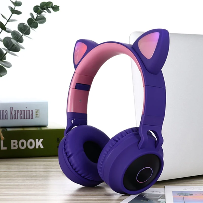 저렴한 Led 헤드폰, 어린이 및 청소년을위한 고양이 귀를 흉내 내기, 블루투스 5.0 소음 제거 및 마이크 및 3.5mm