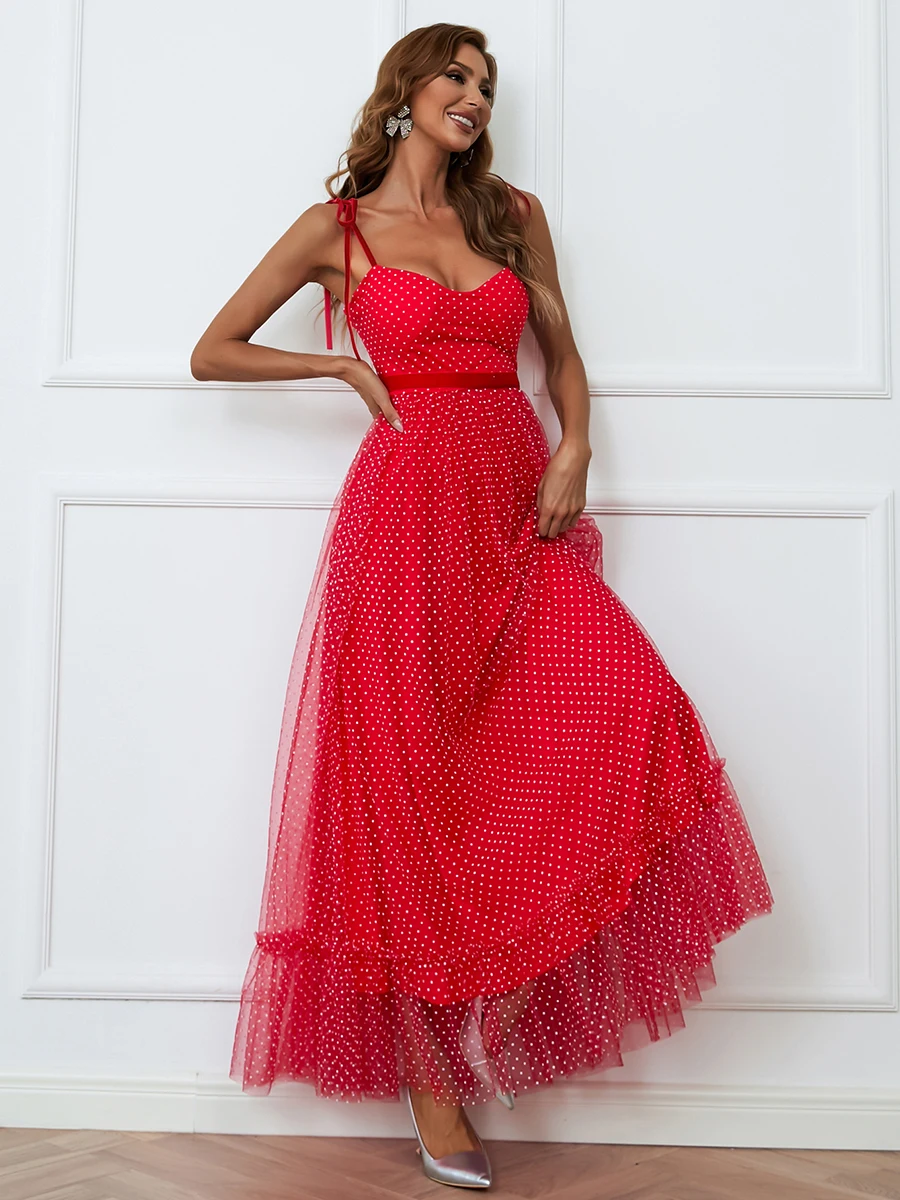 

Missord Polka Dot Tie Shoulder Christmas Elegant Dresses For Women 2021 Vestidos Red Ruffle Hem Lace Party Fashion Prom Dress