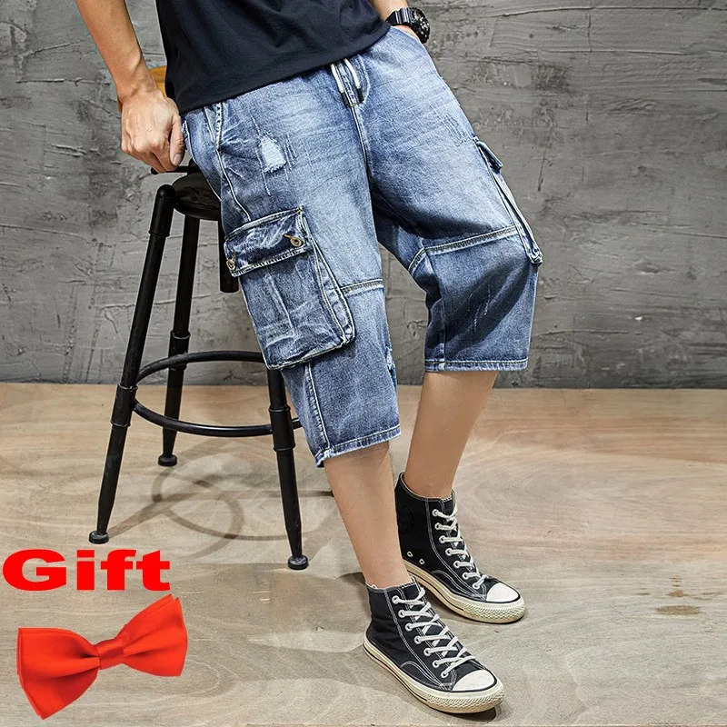 Джинсовые шорты мужские с большими карманами штаны из денима в байкерском стиле