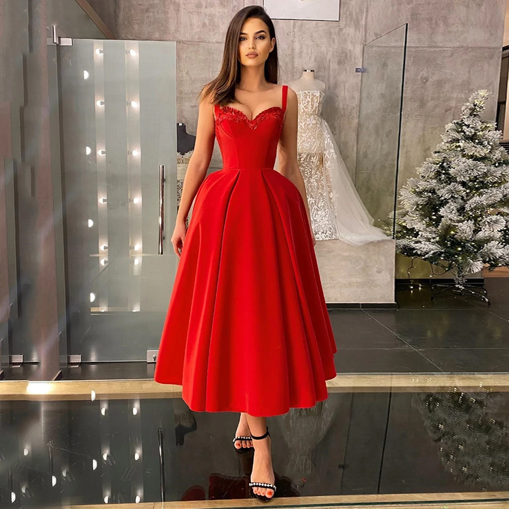 

Vintage Red Tea Length Evening Gown For Woman Corset Lace Up Back Plain Formal Wedding Party Gown A Line Robe De Soriee 2021