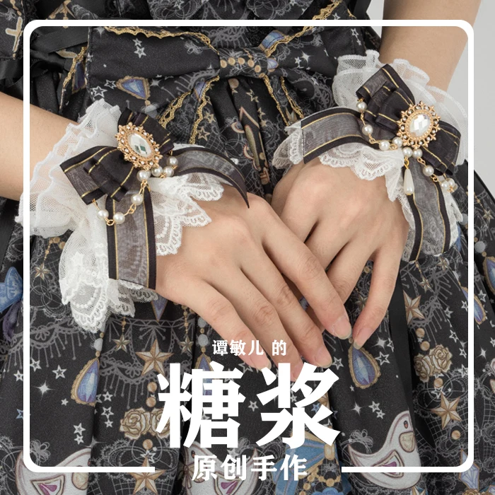 

Gorgeous Lolita Hand Sleeve Handmade Sweet Removable Bowknot Lace Trim Pearl Chain Multicolor All-match Safety Pins Teen Girl