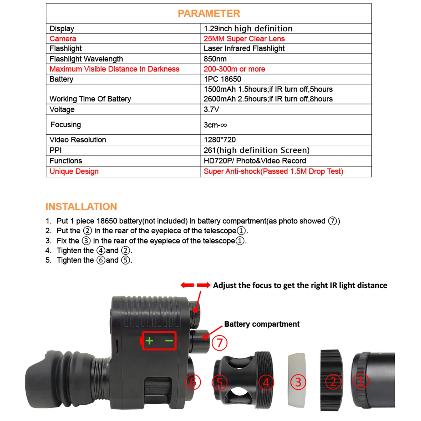 

High Definition Night-vision Device Outdoor Shock-resistant Infrared Night-vision Device Integrated Design Huntings Camera