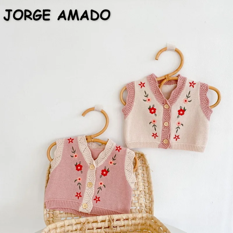 

2021 New Autumn Girls Sweater Vest Pink V-neck Embroidered Flowers Open Stitch Knitting Children Wool Waistcoats Kids Coat E3035