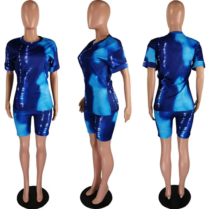 

ZKYZWX Tie Dye Two Piece Set Women Summer Tracksuit Crop Top Biker Shorts Sweat Suit Lounge Wear Matching Sets 2 Piece Outfits