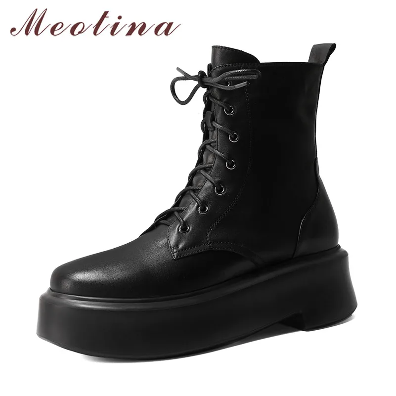

Meotina Ankle Boots Women Shoes Real Leather Flats Platform Short Boots Zip Cross Tied Punk Motorcycle Boots Autumn Winter Black