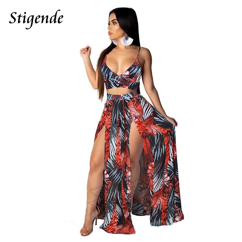 Женский костюм-двойка с юбкой-спагетти и принтом пальмовых листьев |