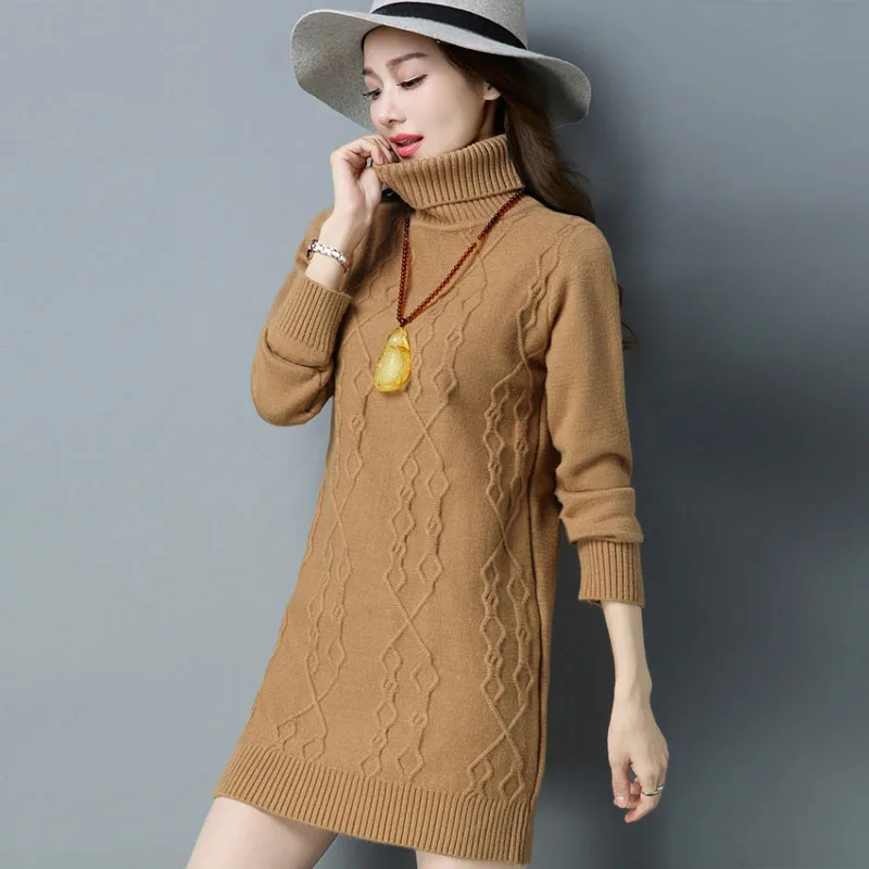 

Women Autumn Winter Turtleneck Pullover Sweater Dress Long Sleeve Female Fashion Korean Loose Casual Knit Dress Plus Size R356