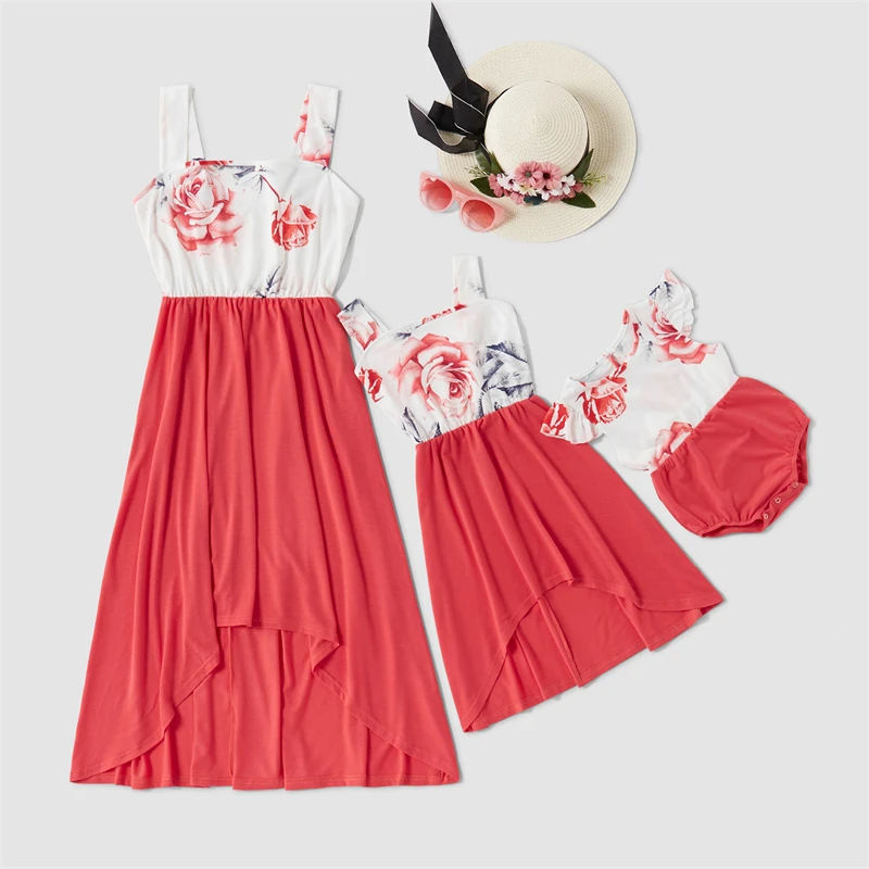 

Family Matching Outfits New Big Flower Stitching Skirt Dress Parent Child Wear Baby Girl Mother Daughter Womans Kids Clothes