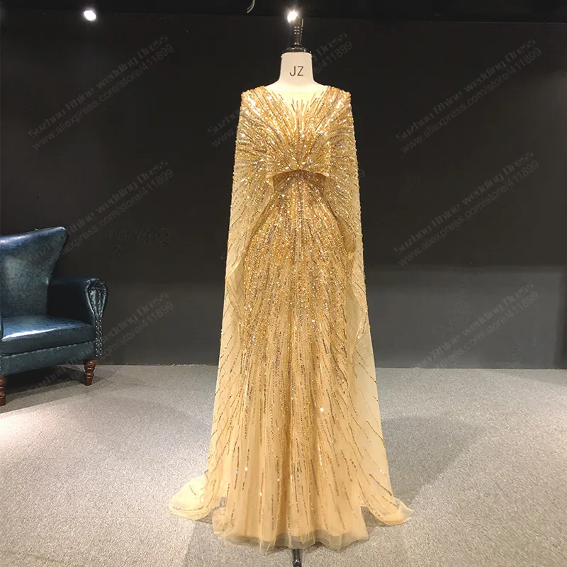 

Rhine Real Zuhair Murad Gold Beads Crystal Luxurious Cape evening dress long formal dresses 2021