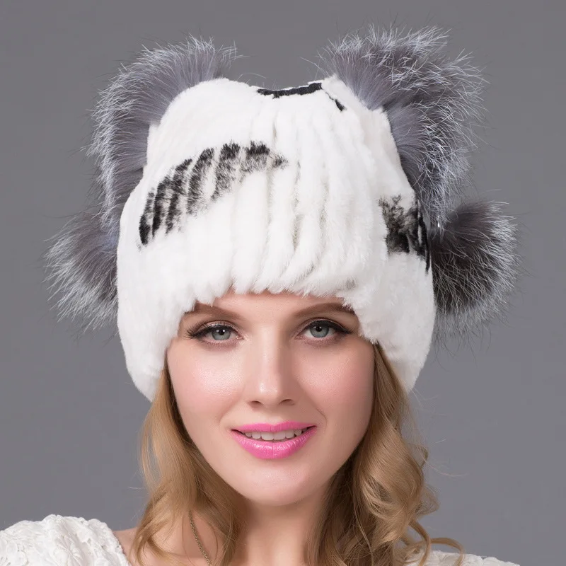 

Top Selling High Quality Rabbit Hair Knitted Women's Real Fox Fur Hat Thickened Autumn and Winter Warm Female Casual Knitted Cap