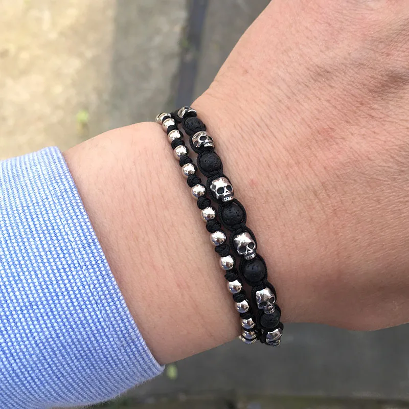 Fashion New Style Stainless Steel Skull Beads Natural Stone Woven Bracelet Men Women Jewelry
