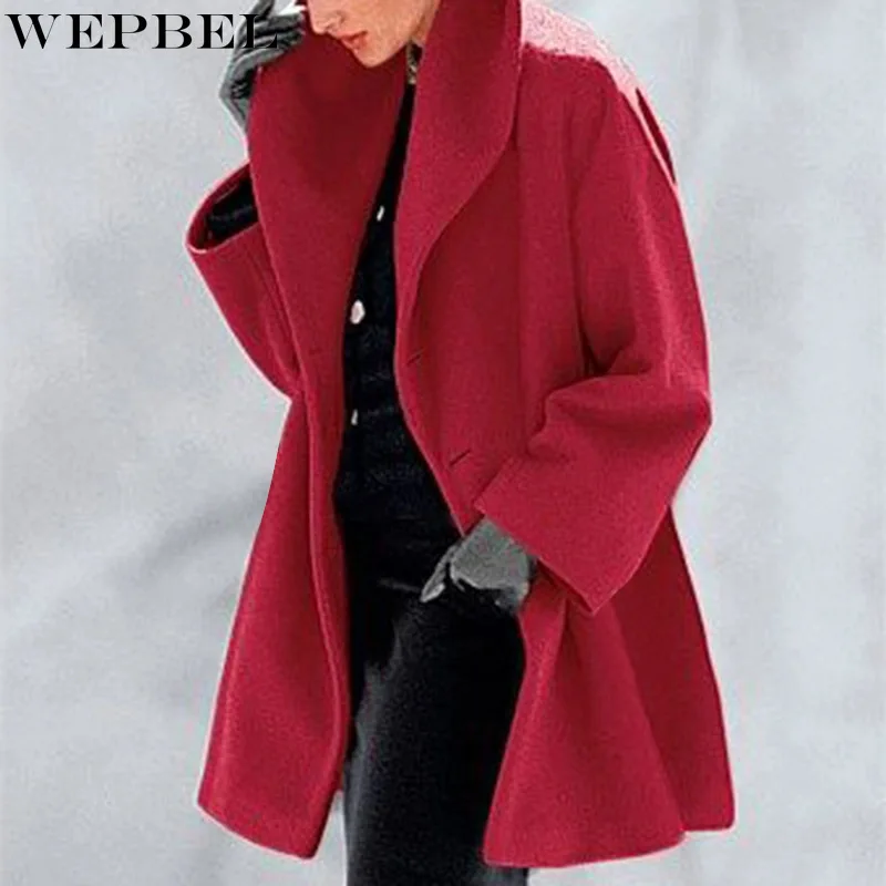

WEPBEL Woolen Coat Women's Casual Loose Woolen Coat Women's Casual Solid Color Long Sleeve Turn-down Collar Single Button Coat