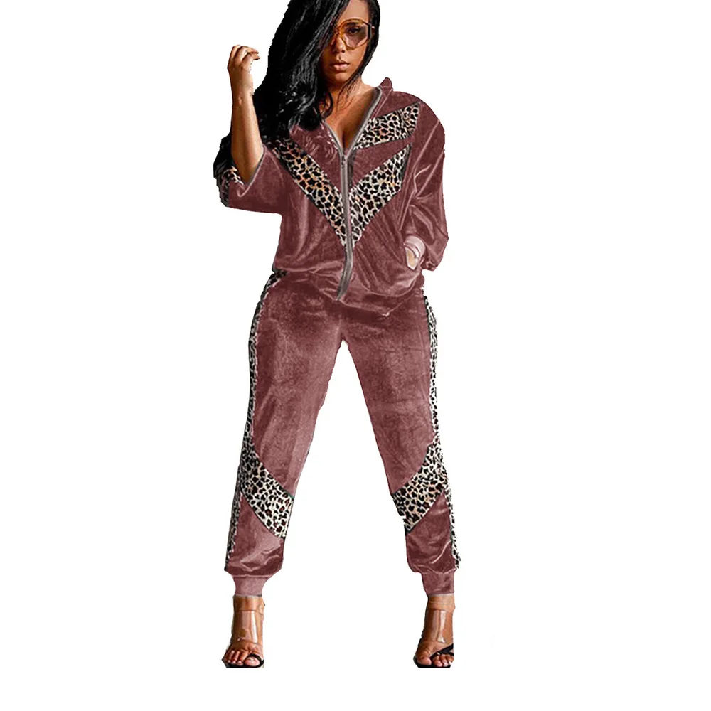 

Leopard Velvet Two Piece Set Autumn Winter Clothes for Women Turn Down Collar Long Sleeve Jackets and Sporty Jogger Pant Outfits