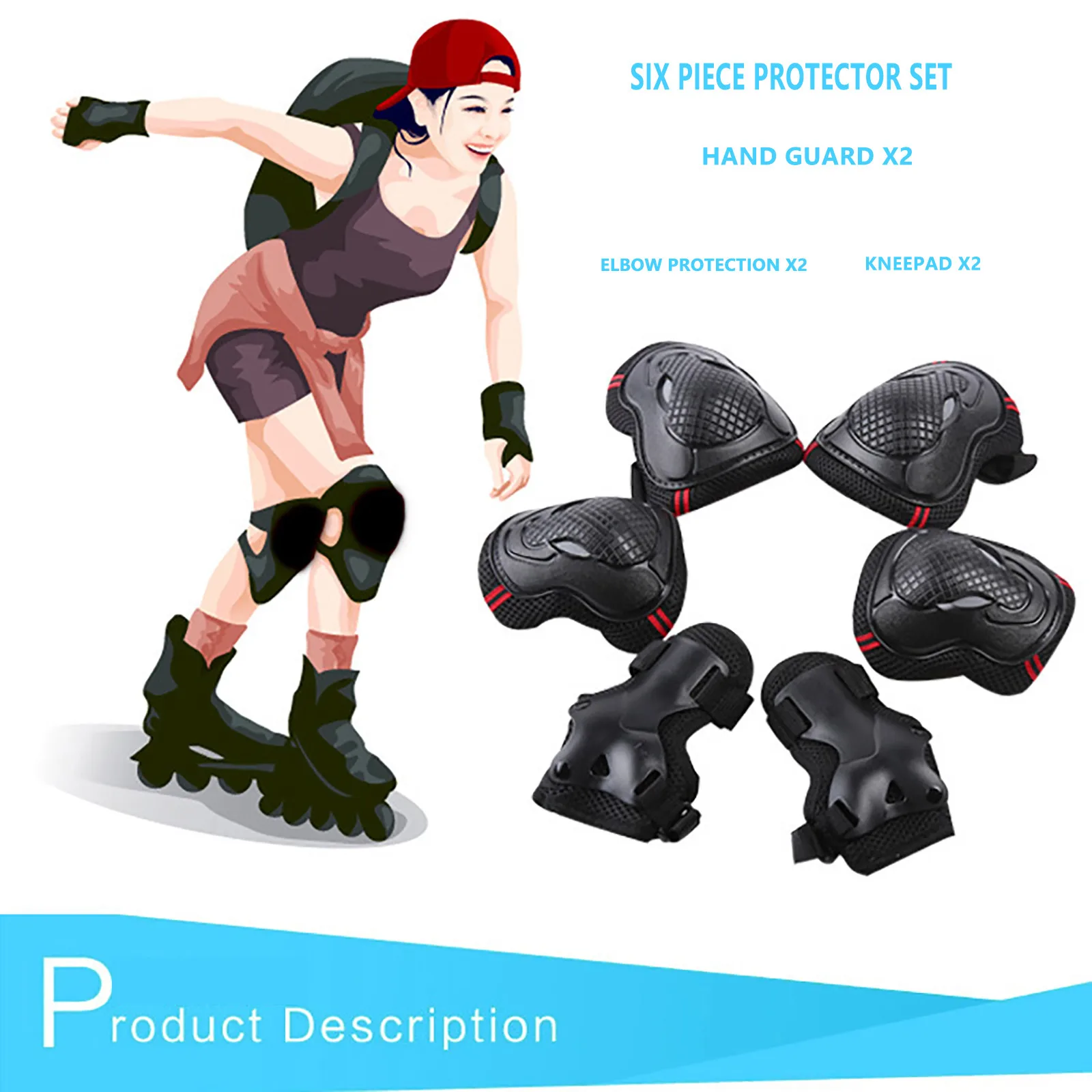 

6 Pieces/Set Ski Skateboard Ice Roller Skating Protective Gear Elbow Pads Wrist Guard Cycling Knee Protector for Kids Men Women