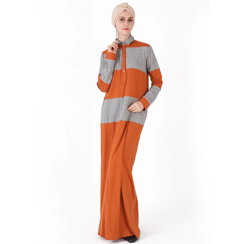 

New Middle East Dubai Muslim Women's Fashion Color Matching Long-sleeved Large Size Shirt Collar Dress Casual Knitted Long Skirt