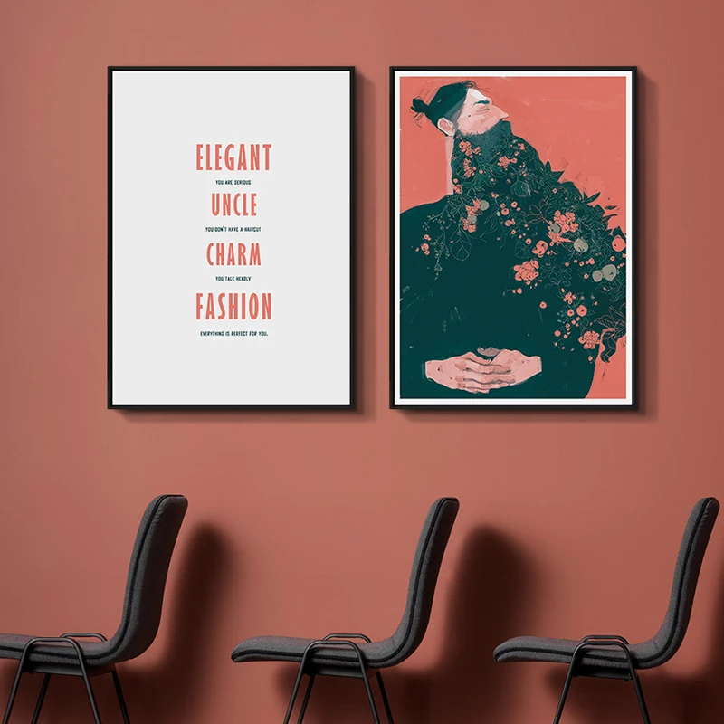 

Elegant uncle Figure with flower Wall Art Canvas Painting Nordic Poster Print for livingroom Home Decor Red Chic Wall Picture r