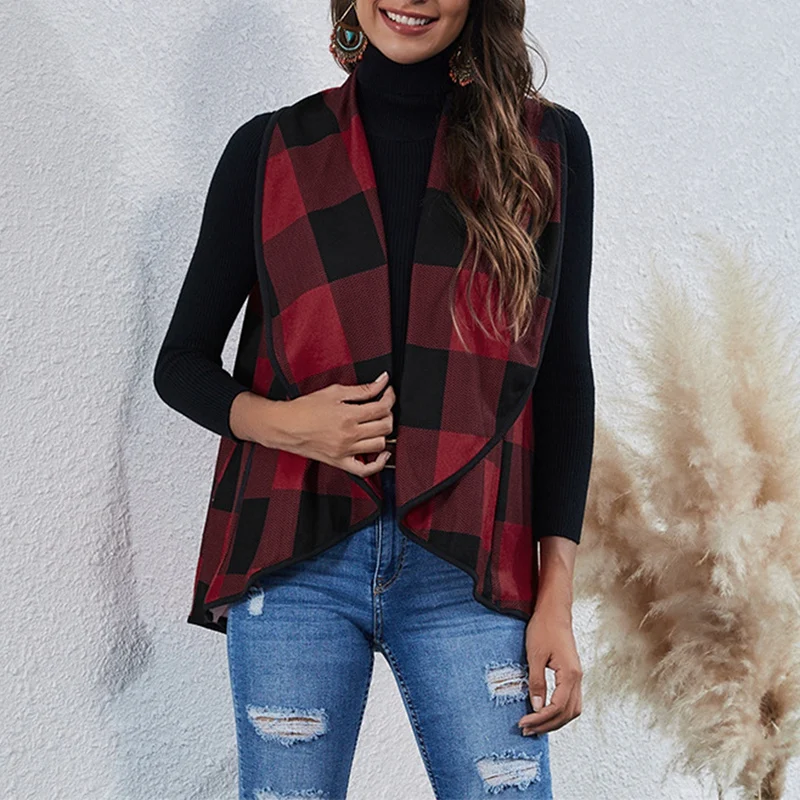 

Women Vest Coat Spring Fall Lapel Fashion Irregular Check Cardigan Vest Coat