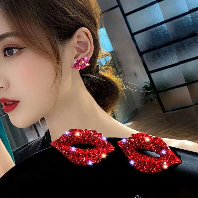 

S2544 Fashion Jewelry Red Lips Earrings Nightclub Rhinstone Lip Stud Earrings