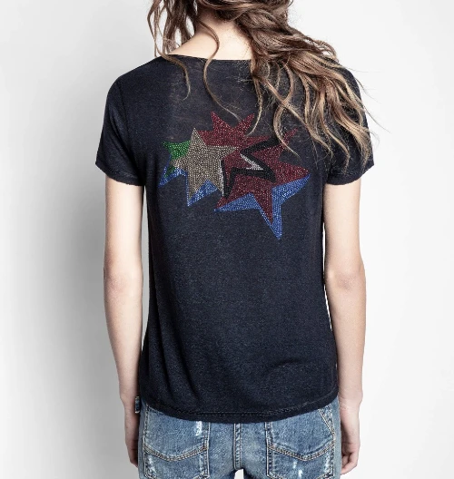 

109938 New Style Spring Summer Brand Luxury Classic Letter Star Hot Drilling Design Fashion Casual Versatile U-neck T-shirt Z1