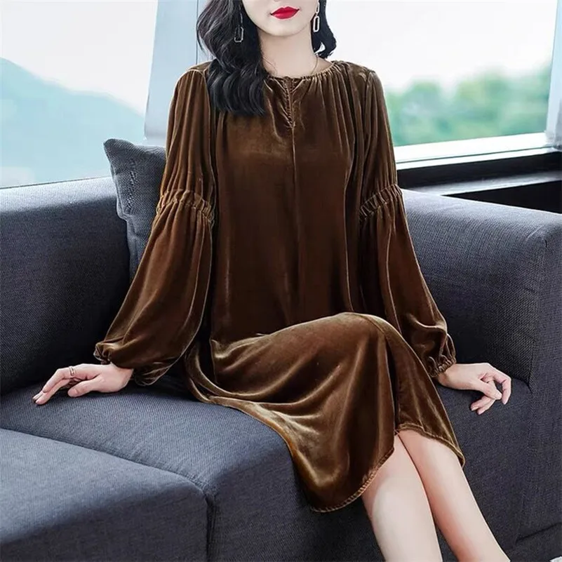 

Elegant O-Neck Women A-line Velvet Dress Loose Female Midi Dress 2021 Autumn Winter Full Sleeve Vestidos Femme