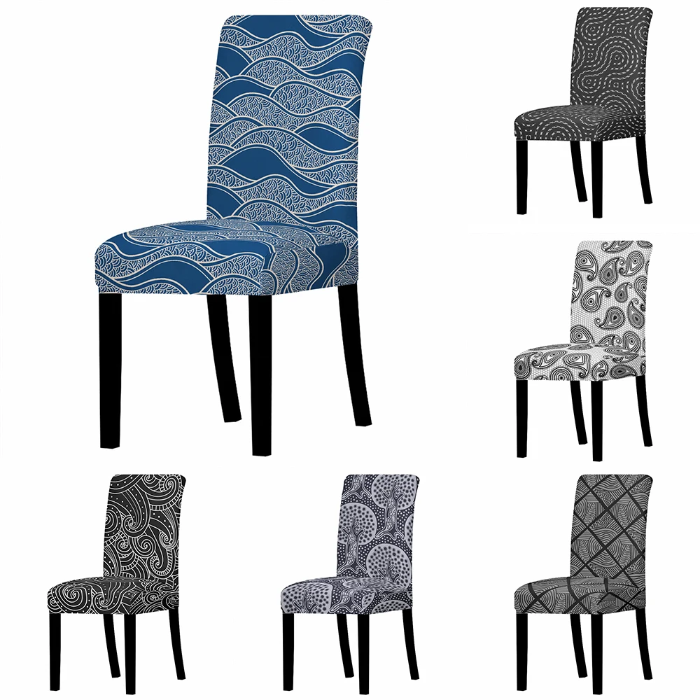 

New Geometric Waves Dining Chair Covers Stretch Removable Chair Seat Case Wedding Banquet Home Decorative Gray Blue Chair Cover