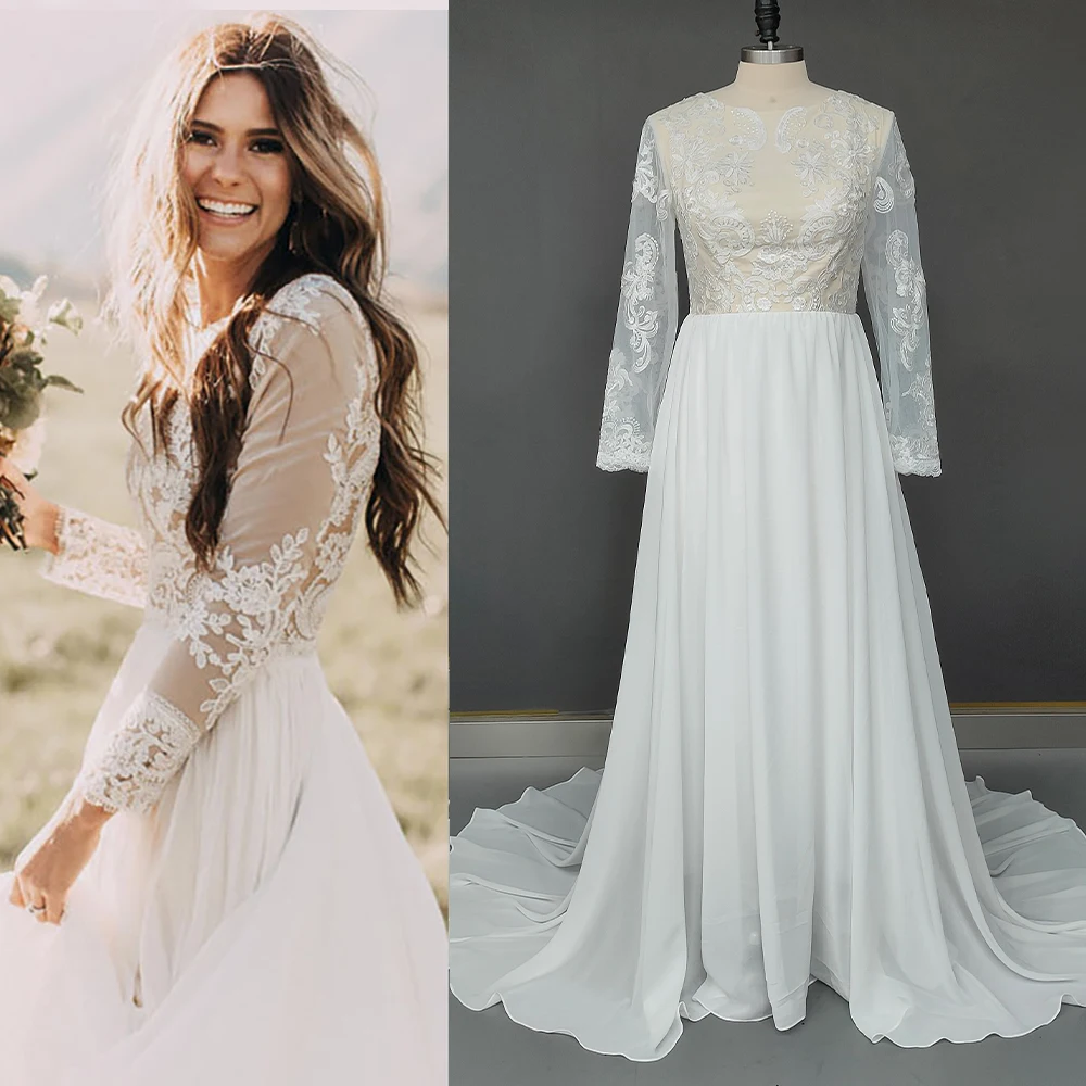 

Long Fitted Sleeves Pastrol Wedding Dress Rustic Boat Bateau Neck Plus Size Boho Floral Lace Beach A Line Chiffon Bridal Gowns